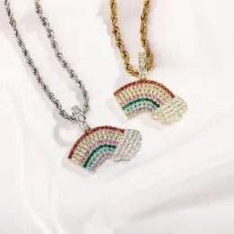 Iced Out Full CZ Stone Colorful Rainbow Pendants Necklace For Men And Women Gold Hip Hop Jewelry