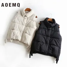 AOEMQ Cotton Coat Outwear Winter Vest Thick Section Keep Warm Vest Coat Turndown Collar Solid Cold Season Coat Womens Clothing 201031