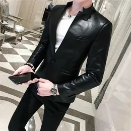 Solid Black Slim Fit Blazer Hombre PU Leder Jacke Männer Eine Taste Business Casual Prom Blazer Für Männer Koreanische Anzug mantel 220527