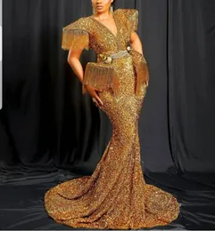 2022 Bescheiden Gold Mermaid Avondjurken Voor Afrikaanse Vrouwen Sexy V-hals Aso Ebi Sweep Trein Plus Size Formele Prom party Jurken