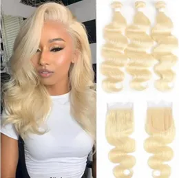 613 Блондинка -человеческие пакеты волос с закрытием 4х4 бразильские волосы remy remy