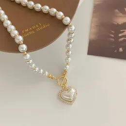 New Crystal Heart Pendant Pearl Necklace Korean Style OT Buckle Choker Necklace Elegant Clavicle Chain Necklaces Jewelry