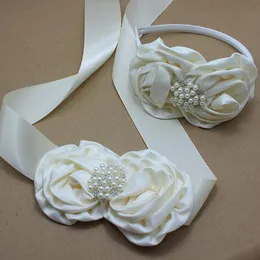 Gürtel Elfenbein Satin Rose Blume Schärpe und Stirnband mit Perle Hochzeit Braut Rosette Gürtel Kleid Kleid Mädchen HaarschmuckGürtel