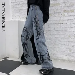 Shengpalae Lato Mody Mody Ulica Hip-Hop Print Dżinsy Loose Casual Denim Szerokie spodnie nogi Kobieta 220402