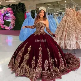 New Burgundy corset Quinceanera Dresses with Removeable Long Sleeves Velvet Applique Sweet 16 Dress Undefined vestidos de 15 anos DD