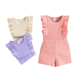 Sommar baby flickor ribbade kläder set fast färg mjuka bomull barn rufsade kläder flyghylsa shorts kläder kostym M4162