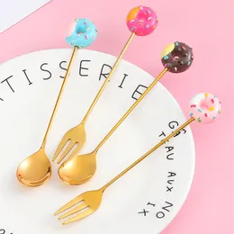 Stainless Steel Donut Handle Dessert Spoons Fork Cake Salad Fruit Fork Stirring Spoon Mixing-spoon Coffee-spoon Tea-spoon Ice Cream Scoop Flatware ZL1334