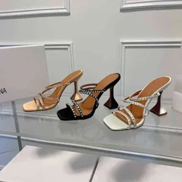 Amina Muaddi para Amm, zapatillas de tacón alto con diamantes de imitación para mujer, nuevo estilo, sandalias con punta abierta y tacón fino con cabeza cuadrada para mujer