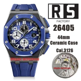 Factory Watches RSF 26405 44 мм керамический корпус Cal.3126 / ETA7750 Автоматический хронограф Мужчина Смотрение копченого синего циферблата резиновые ремни.