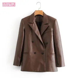 Brown PU Black Motorcycle Lapel Long Sleeve Windproof Chic Female Jacket Fashionable Doublebreasted Professional Womens Coat 201030