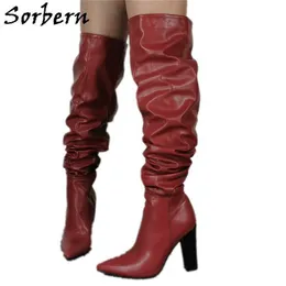 Sorbern Pleated Wide Fit Women Boots Knee High Block High Heel Pointed Toe Chunky Heel Side 지퍼 가을 부츠 2020 여성