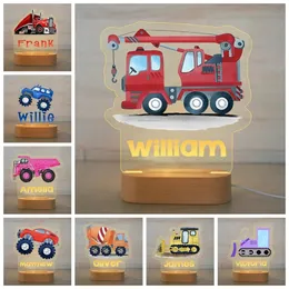 Custom LED Lights Engineering Vehicle Car Nightlights Personalized Baby Kids Name Acrylic Lamp for Bedroom Bedside Table Decor 220623