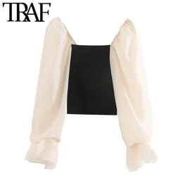 Traf Women Fashion Patchwork Organza Przycięte dzianinowe bluzki Vintage See Through Tleeve Scheme Kobiety Chic Tops 210308