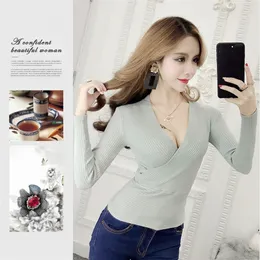 2019 Nya Sexiga Deep V Neck Ladies Sweater Women s Pullover Casual Slim Bottoming Sweaters Female Elastic Cotton Long Sleeve Tops Y200722