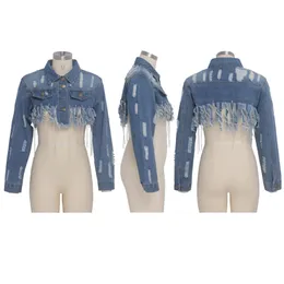 TSURETOBE TASSEL Zerwane przycięta dżinsowa kurtka kobiet jesienna łańcuch długoterminowy dżinsowy płaszcz streetwearu Kobieta wyprzedza LJ200825