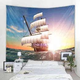 Home Decor Wandteppich Segelboot Meereslandschaft Tapisserie Mandala Boho Hippie Teppiche Traum Piratenschiff J220804