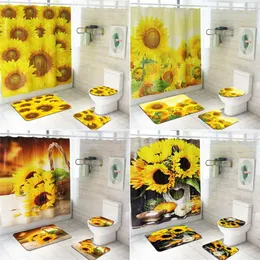 Full Screen of Sunflowers Pattern Shower Curtains Set Non Slip Toilet Polyester Cover Mat Set Waterproof Bathroom Shower Curtain 220517
