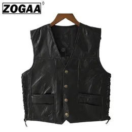 ZOGAA Moto Gilet in pelle da uomo Gilet nero Maschio Biker Punk Vera pelle Bottone Lace Up Autunno Giacca senza maniche da uomo 201128