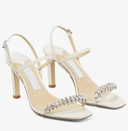 Top Luxury Summer Meira Sandals Shoes For Women Crystal Strappy Lady Gladiator Sandalias Perfect High Heels Bridal Wedding Bridals