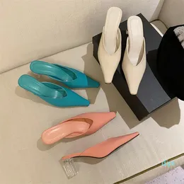 2022-Sandaler Mules Skor Kvinna 2022 Designer Krokodil Läder Candy Färg Peka Crystal High Heel Slides Perspex Sandalias