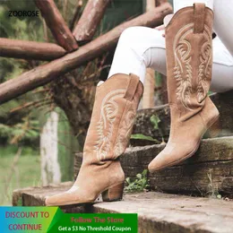 Western-Cowboy-Stiefel für Damen, spitzer Zehenbereich, klobiger Absatz, Cowgirl-Botas, geprägtes Wildleder, Damenschuhe, mittelhohe Keile, Booties Y220729