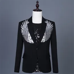 Casual Jacket with Sequined Wings Black Blazer for Men Slim Groom Wedding Suit Nightclub Party Stage Costume 220514