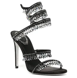 Diamond RENE CAOVILLA CRYSTAL High Heel Sandals Women's Ankle Snake Wrap Pendant slippers Water Drop drill Ladies Wedding Banquet High-Heeled sandals