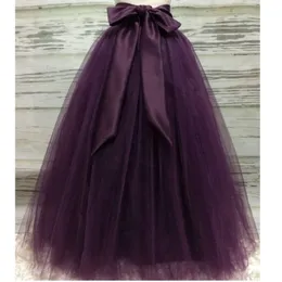 Puffy Dark Purple Long Tulle Skirts For Women With Riffon Sash Puffy Tutu Skirt Female Adult Saias Custom Made Elastic 210311