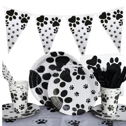 Pet Birthday Decoration Party Supplies Dog Paw Print Balloon Banner Plate Cup Napkin Family Disposable Tableware Set