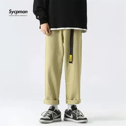 Herrbyxor bälte lösa mode rak rör män byxa studentmärke långa japanska streetwear harajuku bomull fyra säsonger 220826