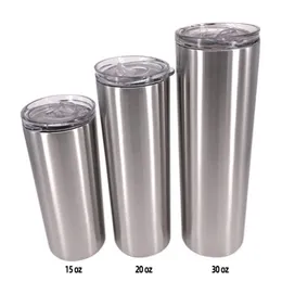 USA Warehouse 20oz 30oz rostfritt stål Färg raka tumlers vattenflaskor med halmlock silver dubbel väggisolerad vakuumanpassad kaffemuggar