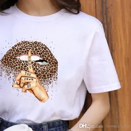 T-shirt detaljhandelsdesigner T-shirt S-3XL Sleeve Tops Leopard Lips Print Crew Tee Summer Clothes Female