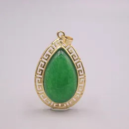 Anhänger Halsketten Echte Jade 18 Karat vergoldet Damen Grüner Chalcedon Regentropfen Schmuck Legierung Charms Silber 925 Weizen HalsketteAnhänger