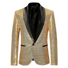 Mens Shiny Gold Sequin Glitter Blazer Jacket Fashion Shawl Collar One Button Suit Blazer Men Stage Singer Costume Homme 220801