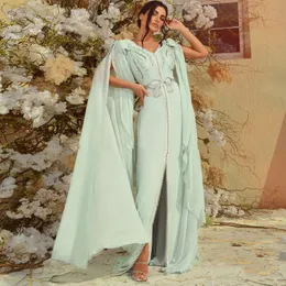 Light Green Moroccan Caftan Evening Dresses Front Slit Formal Gown With Chiffon Sleeve Applique Saudi Arabia Dubai Prom Dress