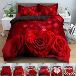 3D Rose Flower Sängkläder Set 3D Print Påslakan Täckeöverdrag med dragkedja Queen Dubbla Täcken Set Alla hjärtans julklappar 220316