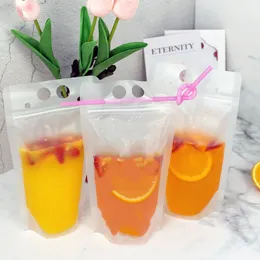 500ml Plastic Pouches Packaging Bags Clear Frosted Beverage Juice Coffee Portable Liquid Drinking Stand Bag with Straw Holder