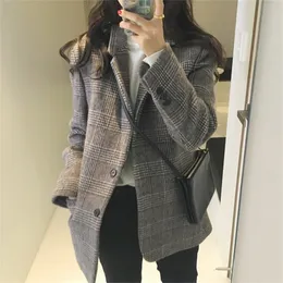 Elegant Autumn Winter Plaid Women Woolen Blazer Coat Causal Long Sleeve Office Ladies Wool Suit Blazer T200828