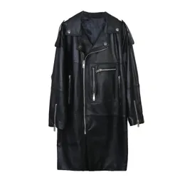 LANMREM womens Autumn Winter large size midlength black PU leather coat Moto & Biker zipper jakcets drop shoulder YK019 201030