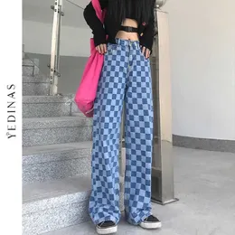 Yedinas Za Jeans Woman Plaid Pants Hip Hop Female Wide Leg Fashion Harajuku Bf High Waist Denim Vintage Streetwear 210527