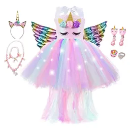 Flickor Summer Glowing Dress med lång svans Fancy Girl Princess Birthday Party Tutu Dresses Halloween Costume Gift 220426
