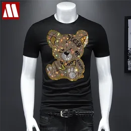 Rhinestones Tshirt Men T Shirt Unisex Streetwear Slim Mäns Kortärmad T-shirts Diamond Inlagda Teddy Bear Toy Plus Size Cool 220408