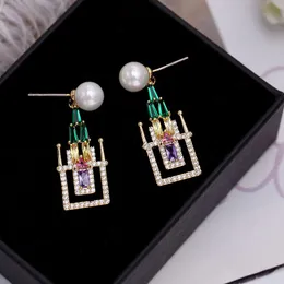 Dangle & Chandelier Luxury Fairy Tale Castle Imitation Pearl Full Mirco Paved Cubic Zirconia Engagement Wedding Drop Earring Fashion Jewelry