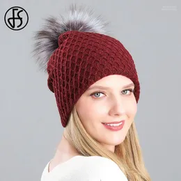 Beanie/Kafatası Kapakları FS 2022 Kış Kadınlar Gerçek Kürk Pom İnci Beanie Hat Sıradan Kadife Kafa Beanies Örme Şapkalar Slouchy Ski Cap1 Eger22