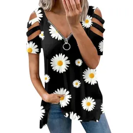 Camicette da donna Camicie Sexy Scollo a V Donna Colletto con stampa margherita Cerniera Colore Manica corta Piega Camicia casual Top Abiti femminili Camisetas De