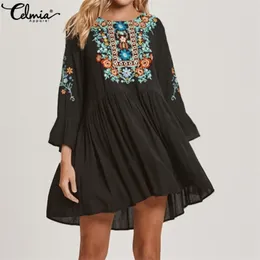 Vestido de verão de impressão floral vintage Celmia Ladies Flare Sleeve Casual Loose Pleated Mini Dress Plus Tamanho Vestidos T200416