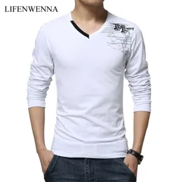 T-shirt da uomo manica lunga moda stampa primavera uomo marchio di abbigliamento casual slim scollo a V maglietta in cotone Homme Tees M5XL 201116