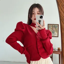 Koszulki bluzki damskiej Koreańskie modne bluzki Kobiety jesienne zima w dekolcie w szyku single puff rękawa w stylu czerwony sweter krótki blusas mu