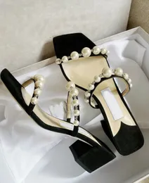 Letnia Designer Amara Mule Pearl Strappy Sandals Buty Kobiety Pantofle Party Wedding Nude Czarna Sliver Dama Sukienka Niskie obcasy Comfort Chodzenie