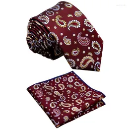 Bow Ties Men's Skinny Necktie Sets Paisley Burgundy Red Navy Blue Pocket Square Adjustable Pre-tied Tie Silk Emel22